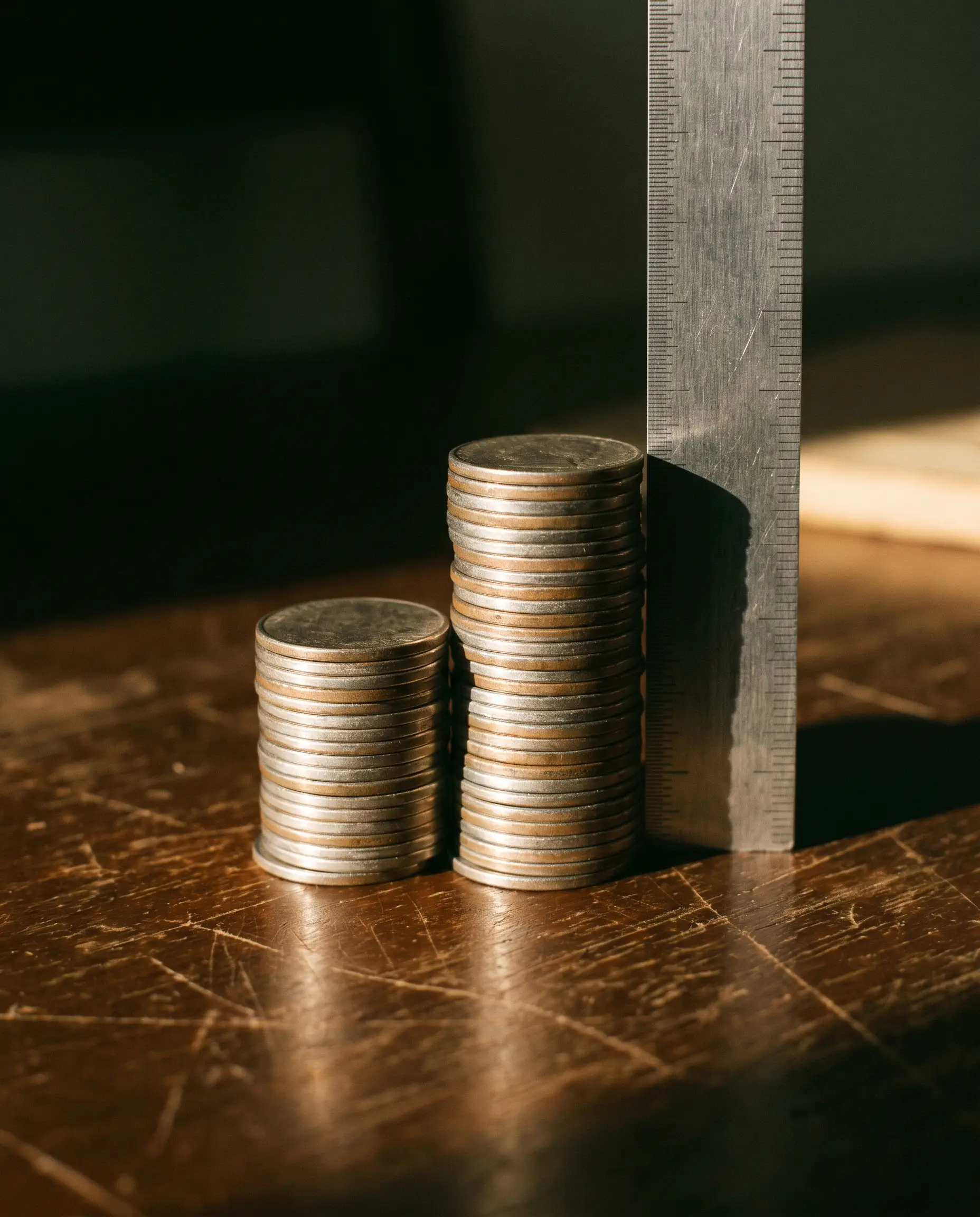 나무 책상 위 높이가 다른 두 동전 더미와 그 옆에 세워진 강철 자